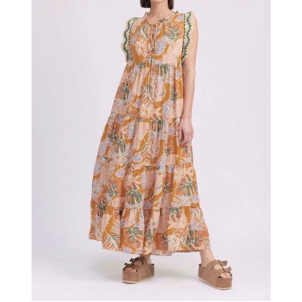 Jacquie The Label Tropical Print Maxi Dress • Crochet Details • NWT